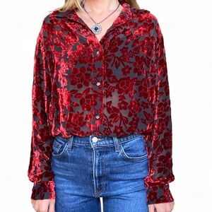 NY&CO velvet burnout sheer red long sleeve button down top